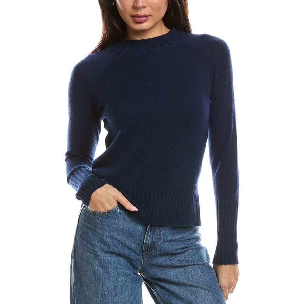 Forte Cashmere Womens  Rib Trim High-Low Funnel Neck 100% Cashmere Sweater, Blue